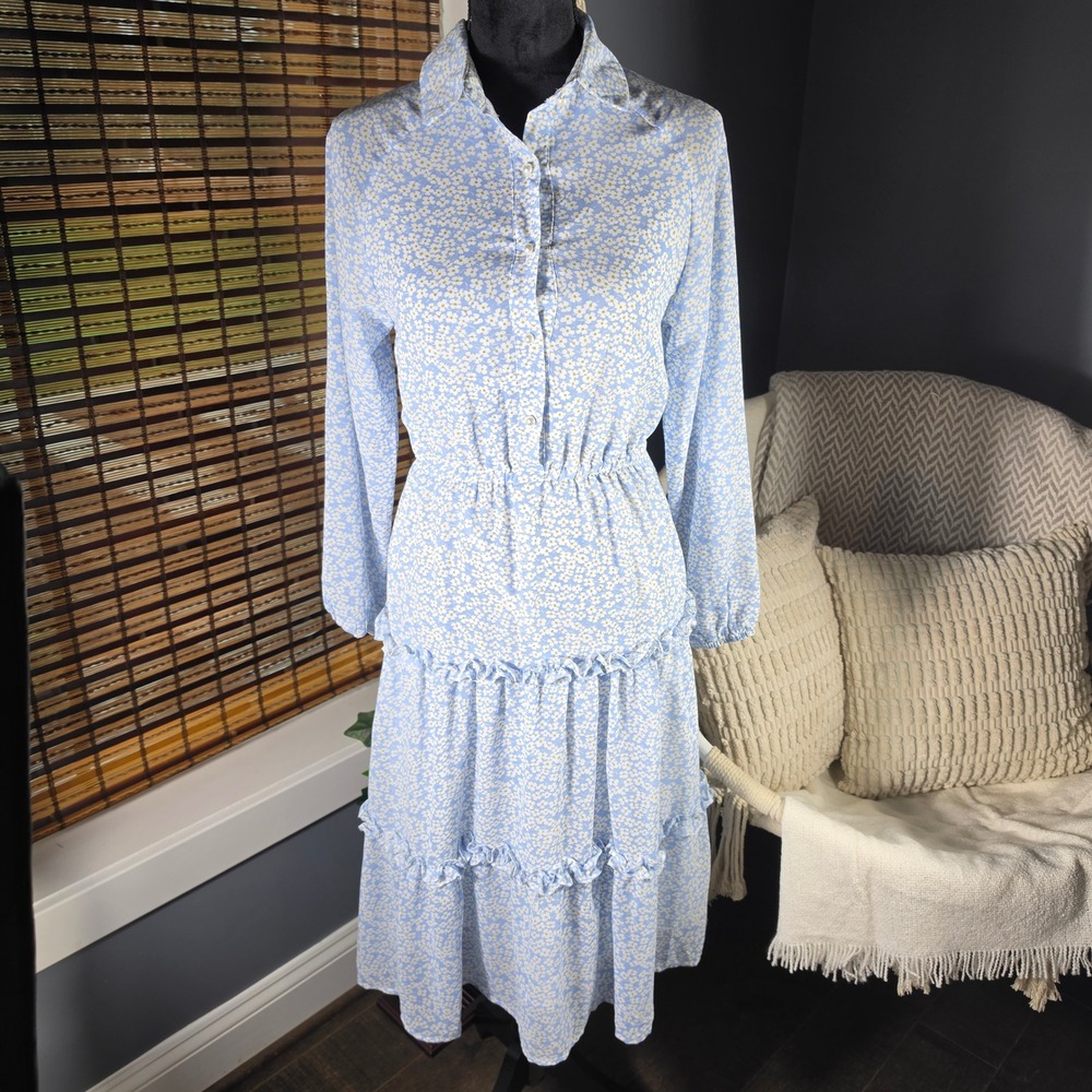 Udel New York Blue Floral Daisy Tiered Ruffle Midi Shirt Dress XXS Cottagecore